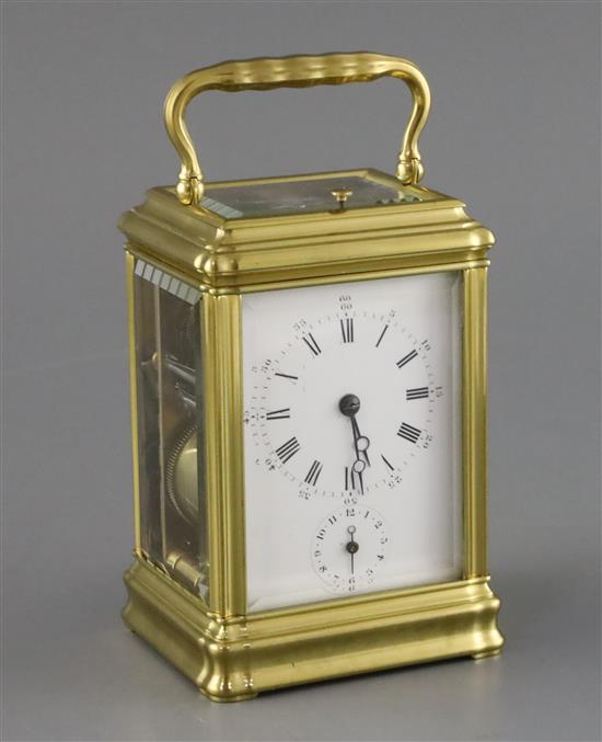 A late 19th century lacquered brass hour quarter repeating carriage alarum clock, width 3.25in. depth 3in. height 5in.